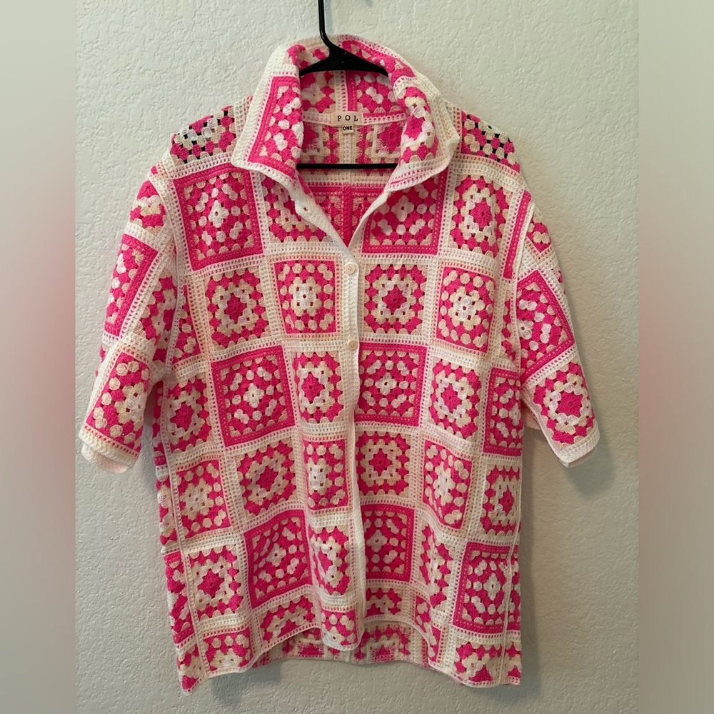 Pol Pink Multi Crochet Pattern Button Down Shirt … - image 3
